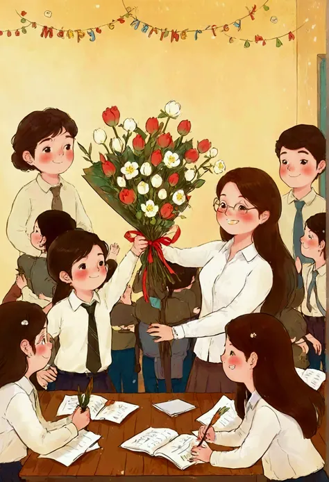 teacher's day illustration, a lovely teacher holding flowers, surrounded by a group of students, in a classroom