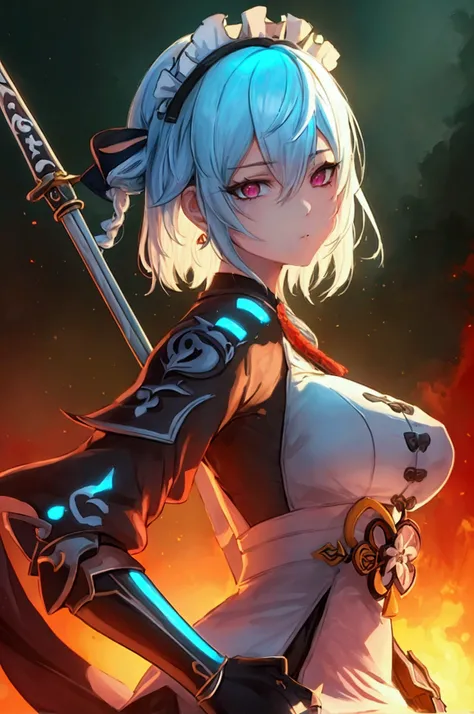 one girl, dynamic pose, extremely detailed, simple colors, holding weapon, battle maid, beautiful, anime style, psychopath like theme, short white hair, full body, intricate details, dramatic lighting, cinematic composition, high contrast, vibrant colors, ...