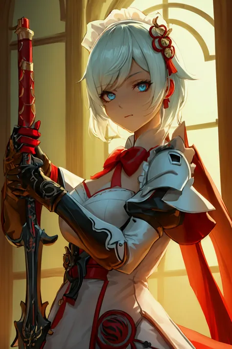 one girl, dynamic pose, extremely detailed, simple colors, holding weapon, battle maid, beautiful, anime style, psychopath like theme, short white hair, full body, intricate details, dramatic lighting, cinematic composition, high contrast, vibrant colors, ...