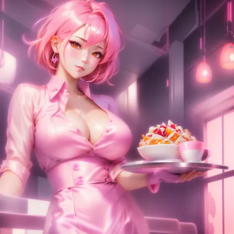 anime girl with pink hair holding a plate of food in a restaurant, ( waitress ) girl, seductive anime girl, beautiful alluring anime woman, fine details. girls frontline, anime food, from girls frontline, realistic anime 3 d style, 8k high quality detailed...