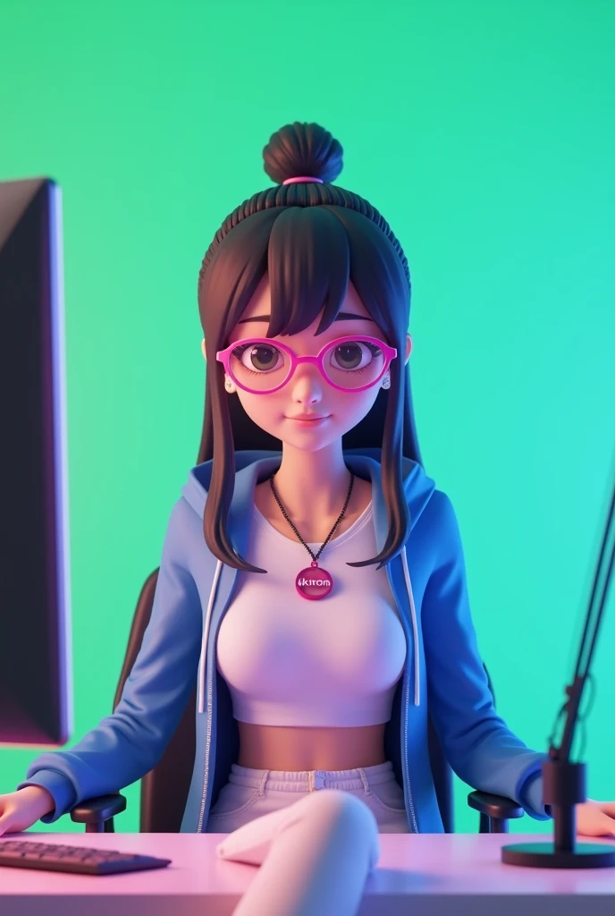 create a 3d Anime character and she was sitting straight on the chair with table her green screen background chain in her nevh with pandent written UKMON on it  she have a mic on table and she is wear a white tshirt with blue hoodie zip open with white tro...