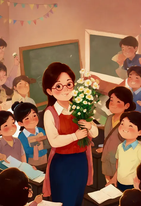 teacher's day illustration, a lovely teacher holding flowers, surrounded by a group of students, in a classroom