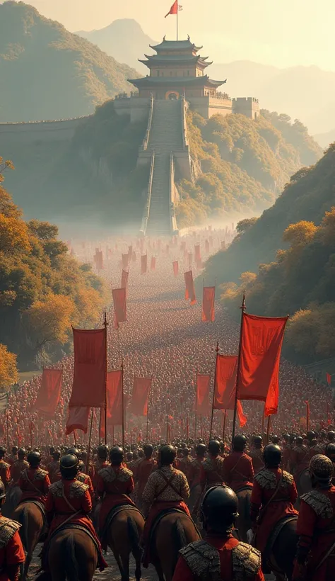 Scene: A massive Ming army marching across an ancient Chinese landscape with the Great Wall in the background. Soldiers and cavalry are in formation under a clear sky.
Description: Epic scale emphasizing the armys size and discipline with rich colors and d...