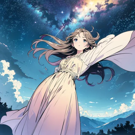 Absurd, High resolution, (Official Art, beautifully、aesthetic:1.2), close, A girl raising her arms from below, Bright Sky, A vast world, stare, Awe-inspiring expressions, Distant Horizon, cloud, High Hill, Natural Beauty, Inspiration, Night Sky, Shining St...