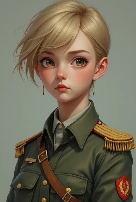 Appearance: (appearing boyish),shorter blonde hair, pale skin, slender figure, sharp brown eyes, sharp features.
Age:29
Job:soldier 

Realistic image 