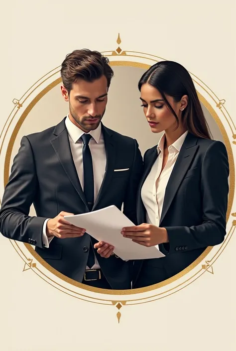 Unique aesthetic Logo for business finance with brandy luxurious models wearing trendy clothes both male and female and studying for work realistic