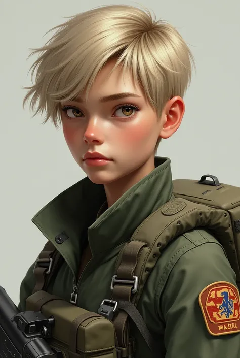 Appearance: (appearing boyish),shorter blonde hair, pale skin, slender figure, sharp brown eyes, sharp features.
Age:29
Job:soldier 

*Realistic image*