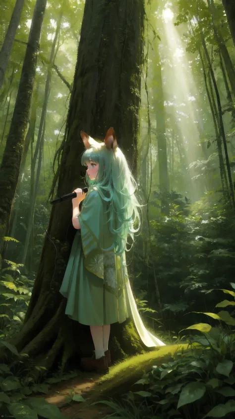 Illustrate a vibrant, cartoonish scene set deep in a lush, green forest. In the center of the image, a playful and curious girl character with expressive, wide eyes is crouching down, holding a small microphone as if shes about to make an important announc...