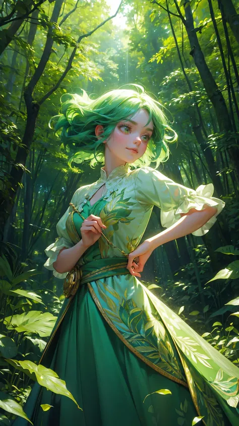 A beautiful, cute girl with bright green hair and wearing a dress adorned with leaf patterns, joyfully dancing in an enchanted forest. Her outfit flows elegantly as she moves, and her expression radiates happiness and freedom. The background is filled with...