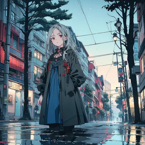 Street trees at dusk, Tense lens, The main part of the photo is the background with the puddle, Bright and fresh photos, Beautiful abstract street tree with a teenage girl character inside it. Gray hair color, Red glowing eyes, Long Hair, Mole under left e...