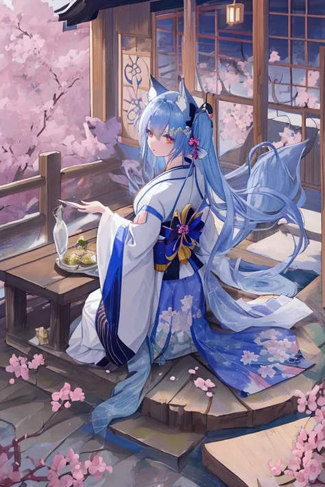 fox Light blue hair 　beast girl　indigo fur　fox beast girl　fox Light blue hair 　beast girl　indigo fur　fox beast girl　Wallpaper 4k,8k,highly detailled,,vivid colors,detailed kitsune with 9 tails,traditional Japanese artwork,tatami floor,beautiful cherry blos...