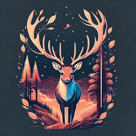 deer with forest landscape, anime style, tshirt design, vector-art