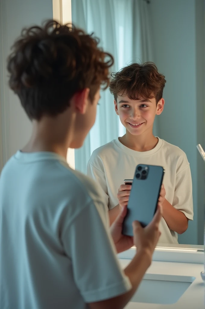 One boy 13 years hold iphone 14 pro in front of mirror 