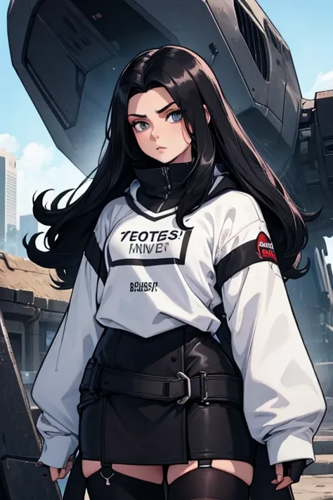 Age 22, White skin girl, , Bblack hair, extremely long hair, , sweatshirt clothes, futuristic armor, Female One, short preto, blackstockings, Women&#39;black sneakers, Bblack hair, hair between the eyes, Bblack hair, cloused mouth, range, cabelo bagunçado ...