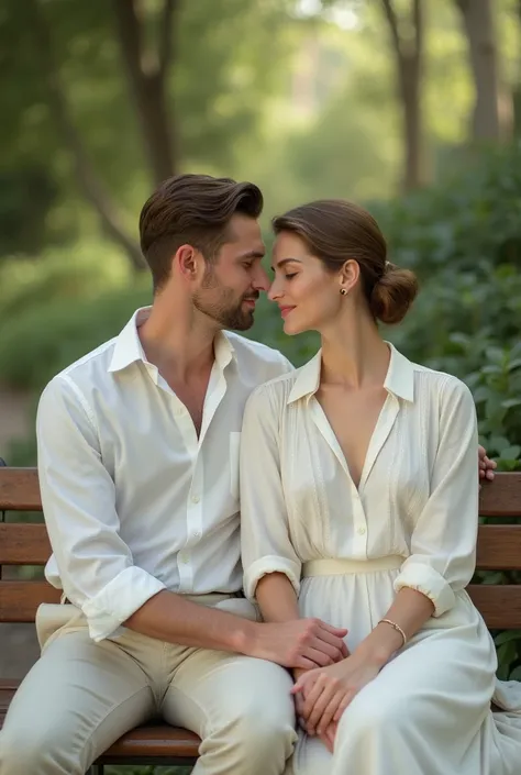 a europe gentle man dressed in a crisp white shirt and pants, the mans hair is brown short and neatly combed back is sitting on a bench at a park with a lady with bun hair and wears white shirt