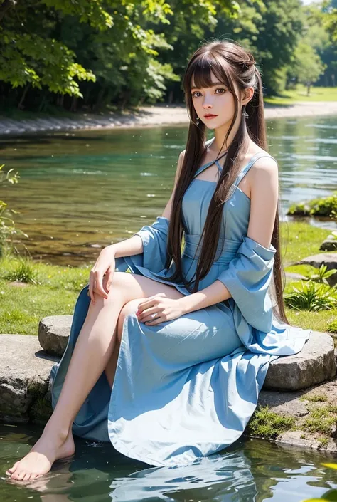 1 girl, solo, long hair, pointy ears, Best quality, Ponytail, Neat bangs, bronze hair with blue streaks, blue eyes, sitting by the lake, barefoot, a bunch of dragonflies, Pale face, Reflection, in a long dress made of petals