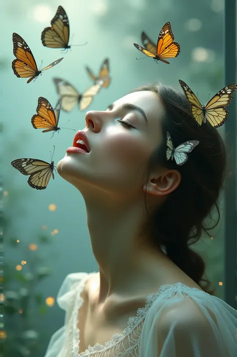 Woman with butterflies in her mouth