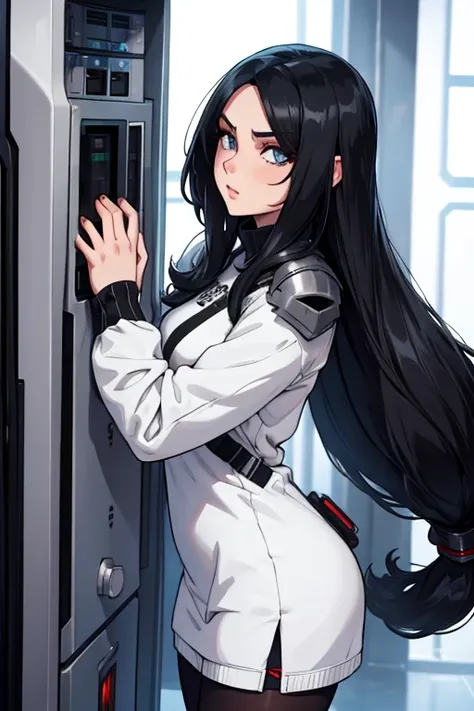 Age 22, White skin girl, , Bblack hair, extremely long hair, , sweatshirt clothes, futuristic armor, Female One, short preto, blackstockings, Women&#39;black sneakers, Bblack hair, hair between the eyes, Bblack hair, cloused mouth, range, cabelo bagunçado ...