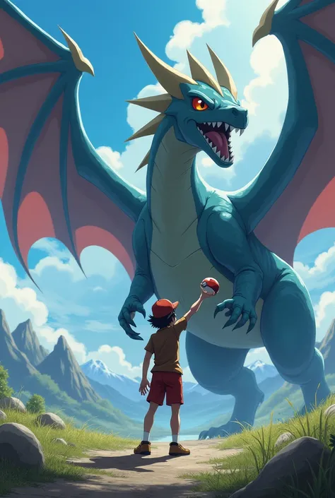 Ash Ketchum with the pokeball capturing a dragon