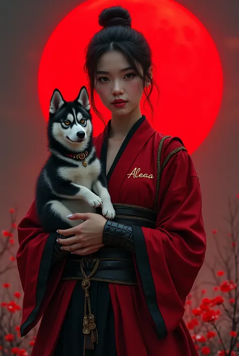 Beautiful Asia girl samurai with red black outfit and holding husky puppy and background is red moon and her name is on right chest sign "Aleaaa" 