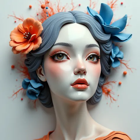 (High resolution, super detailed, top quality), plaster statue of the head of the beauty of the century, 3D, one flower in the hair, ((splashes ink vigorously, Splash)), intricate and elegant, very detailed, smooth and sharp focus, vivid color, masterpiece...