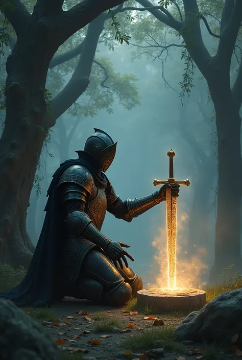 A knight in dark, intricately designed armour kneels in a clearing surrounded by ancient trees. Before them, an enchanted sword is embedded in a stone, glowing with mystical runes. The knight reaches out towards the sword, and the air around them shimmers ...