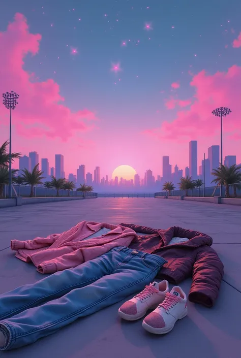 Lofi image of few fashion clothes lying on the ground with cityscape in background and pink purple and blue starry sky 