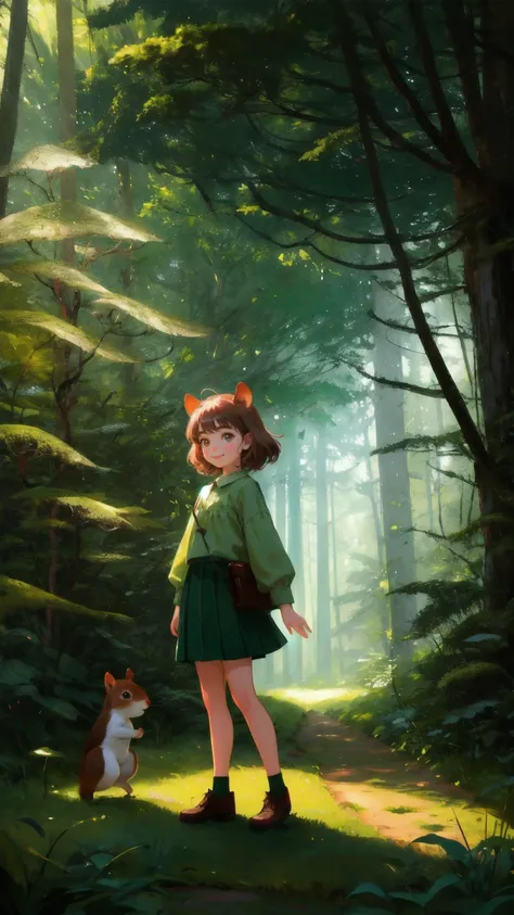 Create an image of a joyful young girl with playful features in a lush forest setting. She has expressive, big eyes and a wide smile, and shes wearing green moss-like clothing resembling a skirt. She is playfully posed beside a wooden sign post without any...