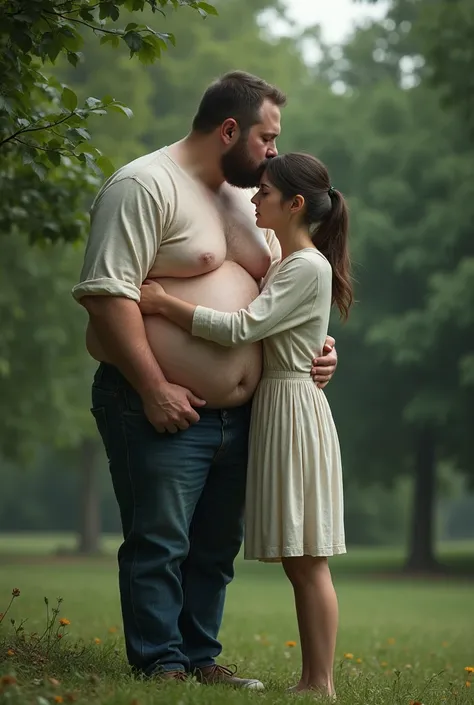 A young man with an enormous belly is standing in a park. A women opposite from him is hugging his big belly. They both look sad. His belly reaches many meters in front of him so the women can only reach his belly.