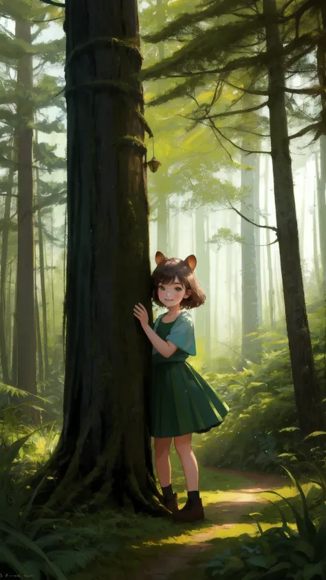 Create an image of a joyful young girl with playful features in a lush forest setting. She has expressive, big eyes and a wide smile, and shes wearing green moss-like clothing resembling a skirt. She is playfully posed beside a wooden sign post without any...