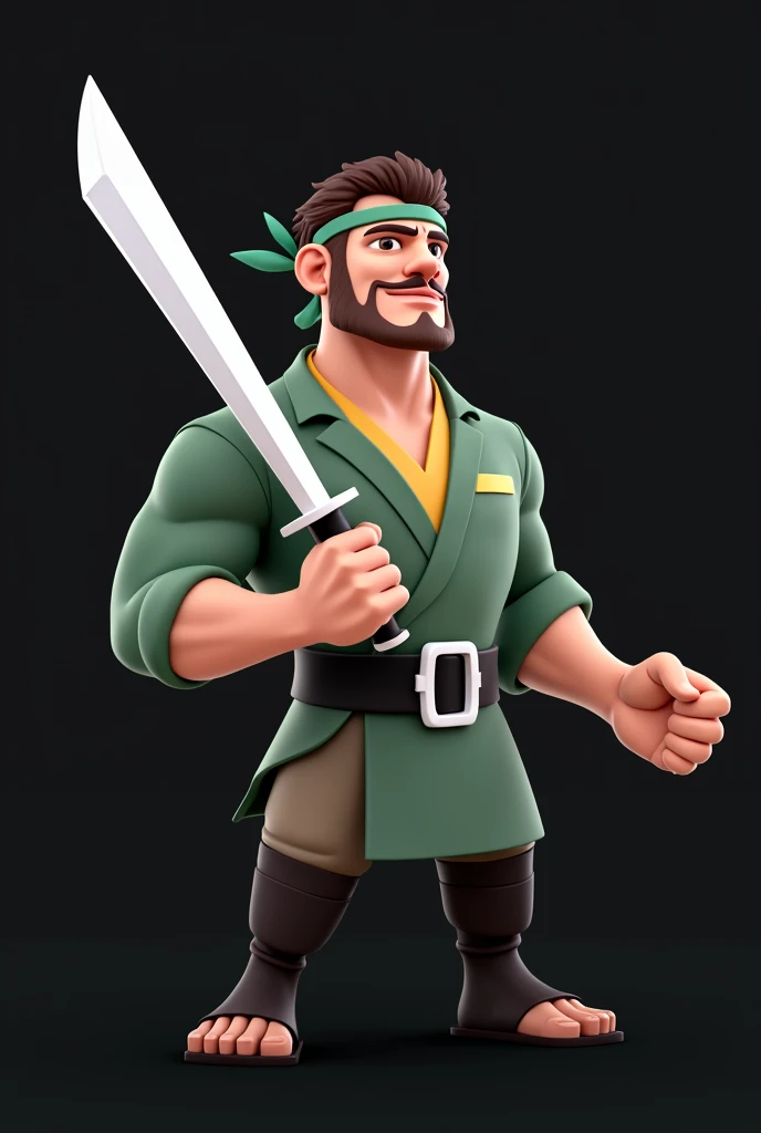 man with brown skin, thin mustache and a thin beard, wearing a green headband on his head and short hair , wearing green clothes, wearing a black belt, holding a parang sword in his hand, with a muscular body 3d