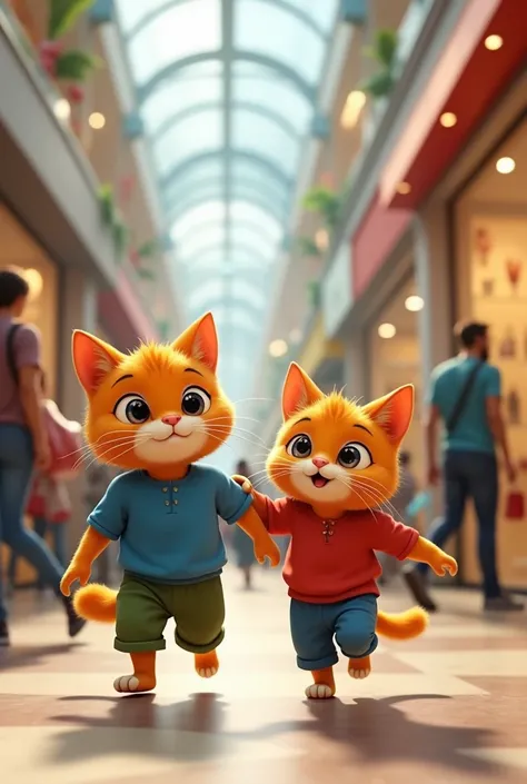 A small orange cat wearing a red shirt and blue pants is with his father, who is wearing a blue shirt and green pants, in a shopping mall.