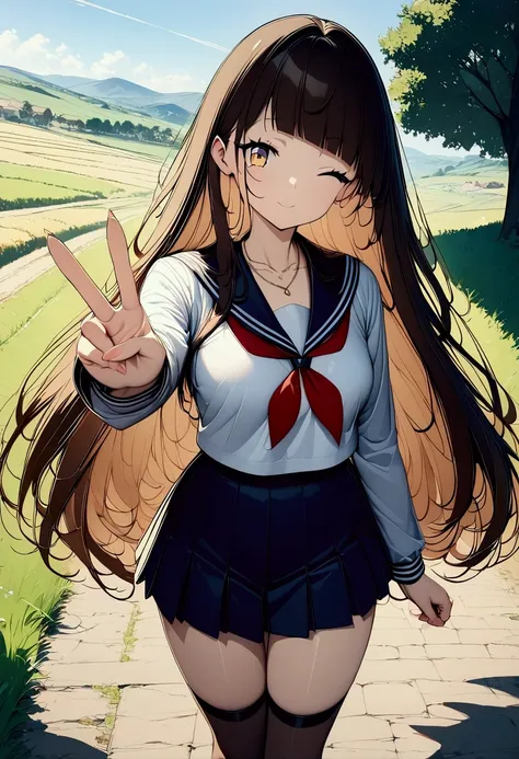 (((anime))) Winking Woman,peace sign,cute,student,Long Hair,Fluffy long hair,(Brown Hair),Diagonal bangs,necklace,Yellow Eyes,Big Eyes Sailor Suit,mini skirt,stroll,countryside,Going to school,Lots of fields,sunlight,masterpiece,Highest quality,Exquisite,8...