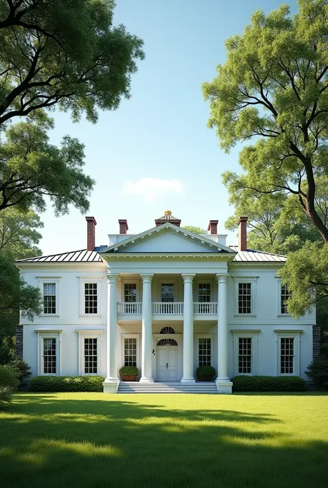 A colonial mansion, made mainly of whitewashed cement, in the middle of a grassy meadow surrounded by trees