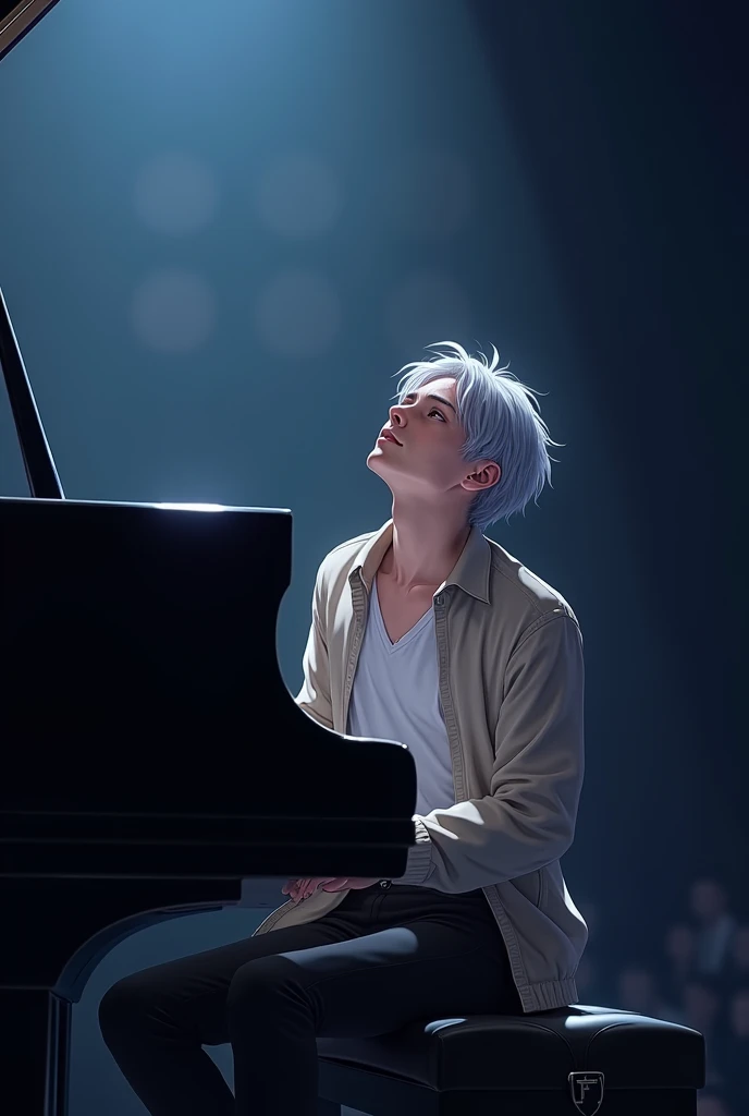 pianist　Performing　male　20th Generation　Silver Hair　 shirt　Open-neck jacket　Look up