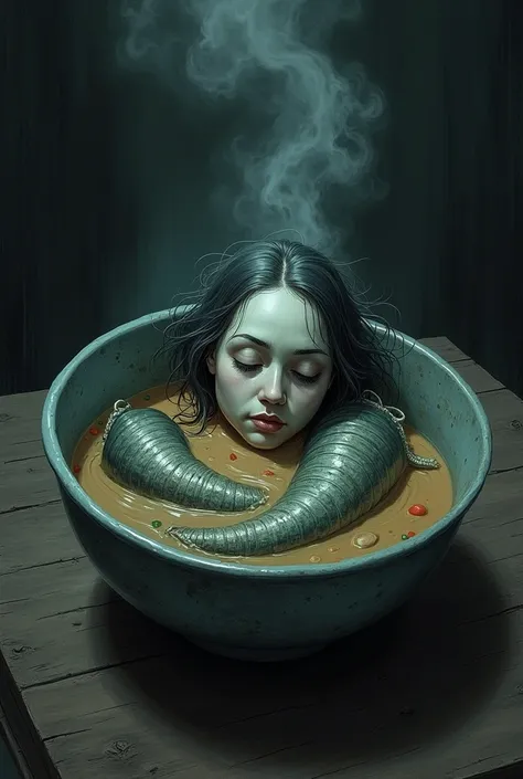 A dark, surreal illustration of a bowl of soup containing pieces of a mermaid. The soup is thick and steaming, with segments of the mermaid’s tail, fins, and a hand partially visible above the surface. The mermaid’s head is peeking out from the side of the...