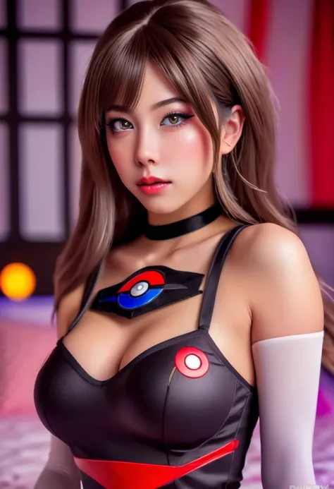 A beautiful detailed young woman with captivating eyes, lush lips, and long eyelashes, dressed in a sexy cosplay outfit inspired by the Pokemon character Team Rocket Jessie, posing playfully with her back towards the viewer, set against the backdrop of an ...