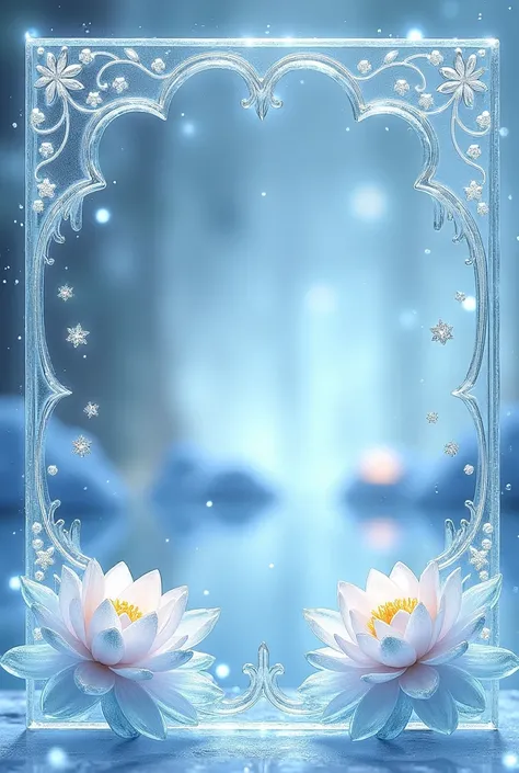 Ice themed card frame with diamonds and very small Lotus made of ice on two opposite sides of frame and ice patterns and designs transparent no background 