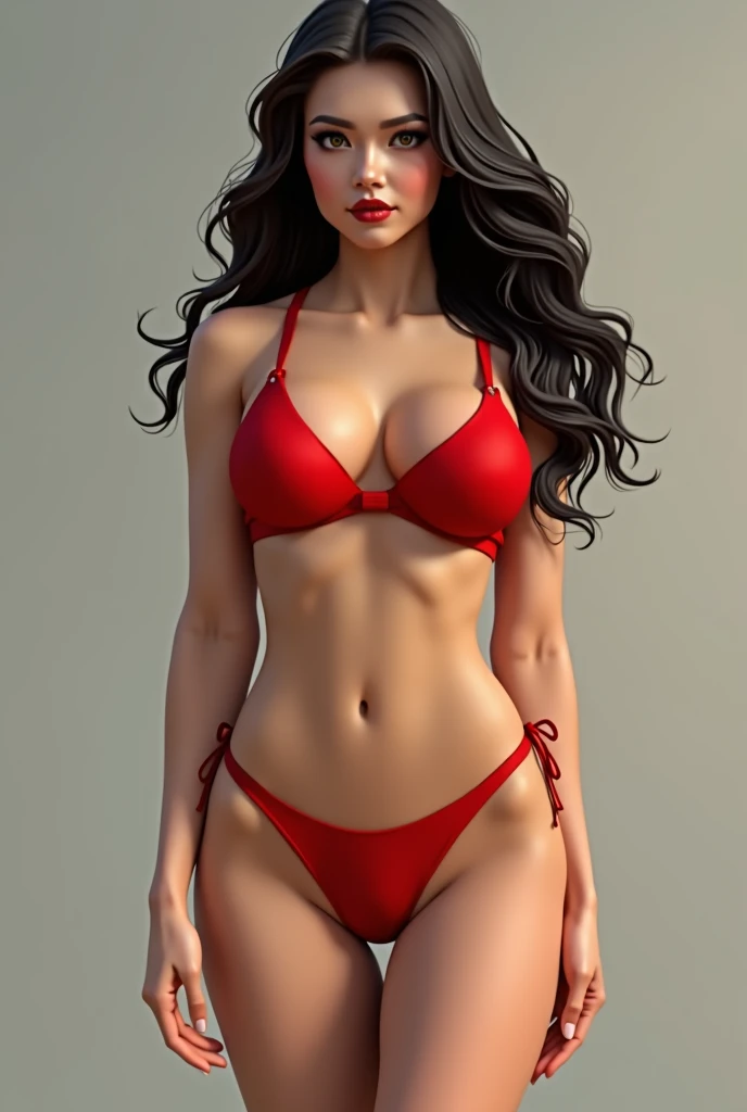 Create a pic of gurl have big breast  and slim figure stand in red colour bikini


