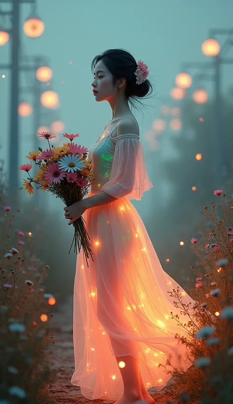 Surreal digital art. Dusk. Full length portrait of a Korean woman. She is holding a bouquet of flowers. Her body is transparent, and her dress has a beautiful rainbow glow. On both sides of her path are colorful flowers, swaying in the wind. There are twin...