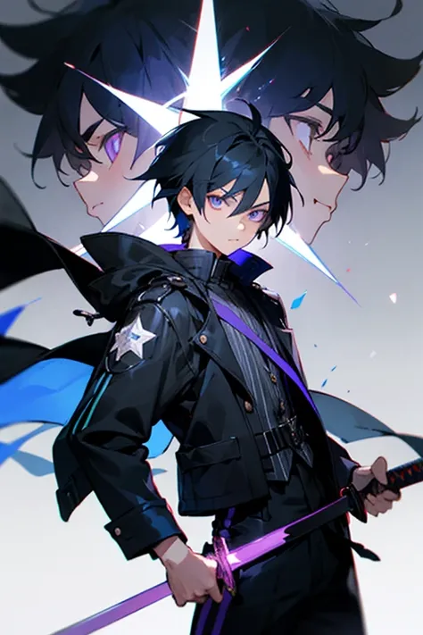 Boy with Black jacket with blue stripe on left shoulder,with shining purple star Eyes and black pants,wield one pure void black sword,black hair 