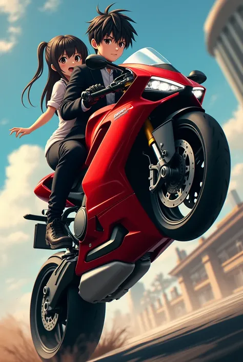 Ducati with a boy (anime) with black suit doing wheelie and a girl is sitting behind boy (anime) cinematic 