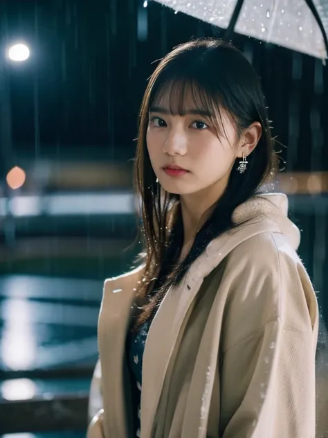 1girl, japanese, bokeh, cowboy shot, ((sad:1.2)), cry, (wet:1.1), wet clothes, earrings, black eyes, bangs, coat, mole, (rain), ((night)), light, masterpiece, best quality, ultra quality, high quality, realistic, photo realistic, RAW photo, hyper detailed,...