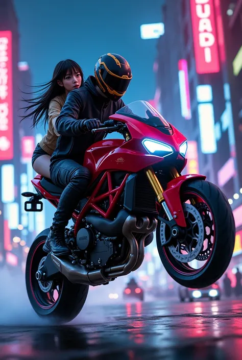 Ducati with wheelie boy (anime) is riding and a girl (anime) is sitting behind him realistic neon light in cyberpunk city cinematic 