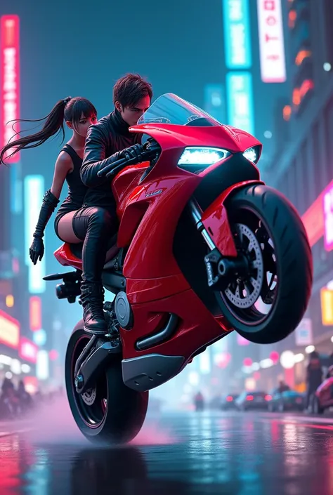 Ducati with wheelie boy (anime) is riding and a girl (anime) is sitting behind him realistic neon light in cyberpunk city cinematic 