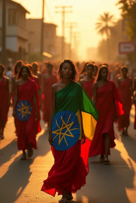 Beautifull hundreds of skinny ethiopian girls wearing ethiopian flag and walking in a long street at dusk. 