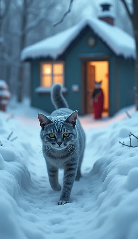 A thin, exhausted blue cat, Felix, trudging through deep snow towards the door of a small house, the outline of  A humanoid havana cat wearing a red saree  through the window