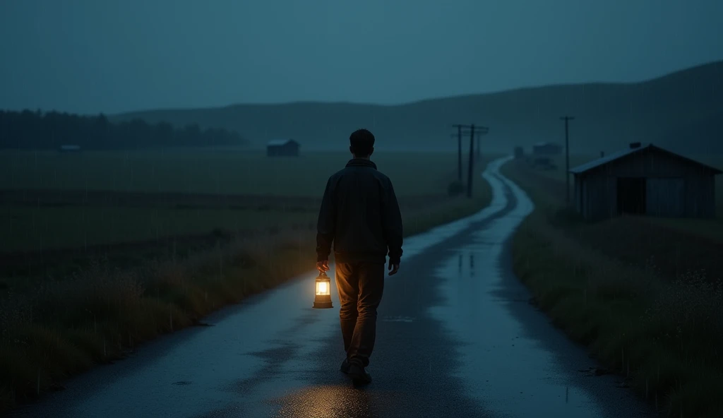 Man  His age 20 . holding a lamp walking on a deserted road in the countryside in the middle of the night and it is raining . The angle of the picture is behind his back.