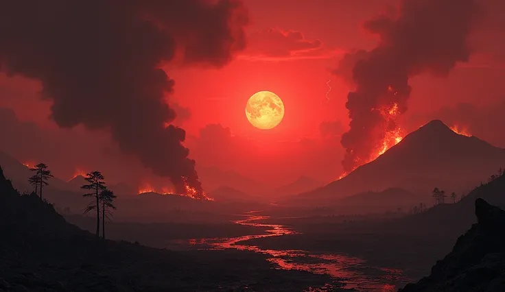 Un paysage apocalyptique sétend à perte de vue, où le ciel est dun rouge sombre, saturé de cendres et de poussière. Le soleil, autrefois brillant, nest plus quune lueur rougeâtre, à peine visible à travers les nuages épais qui étouffent la lumière du jour....