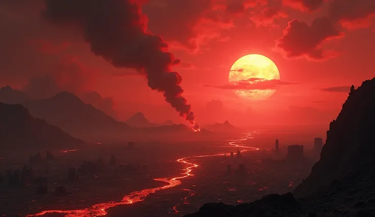 Un paysage apocalyptique sétend à perte de vue, où le ciel est dun rouge sombre, saturé de cendres et de poussière. Le soleil, autrefois brillant, nest plus quune lueur rougeâtre, à peine visible à travers les nuages épais qui étouffent la lumière du jour....